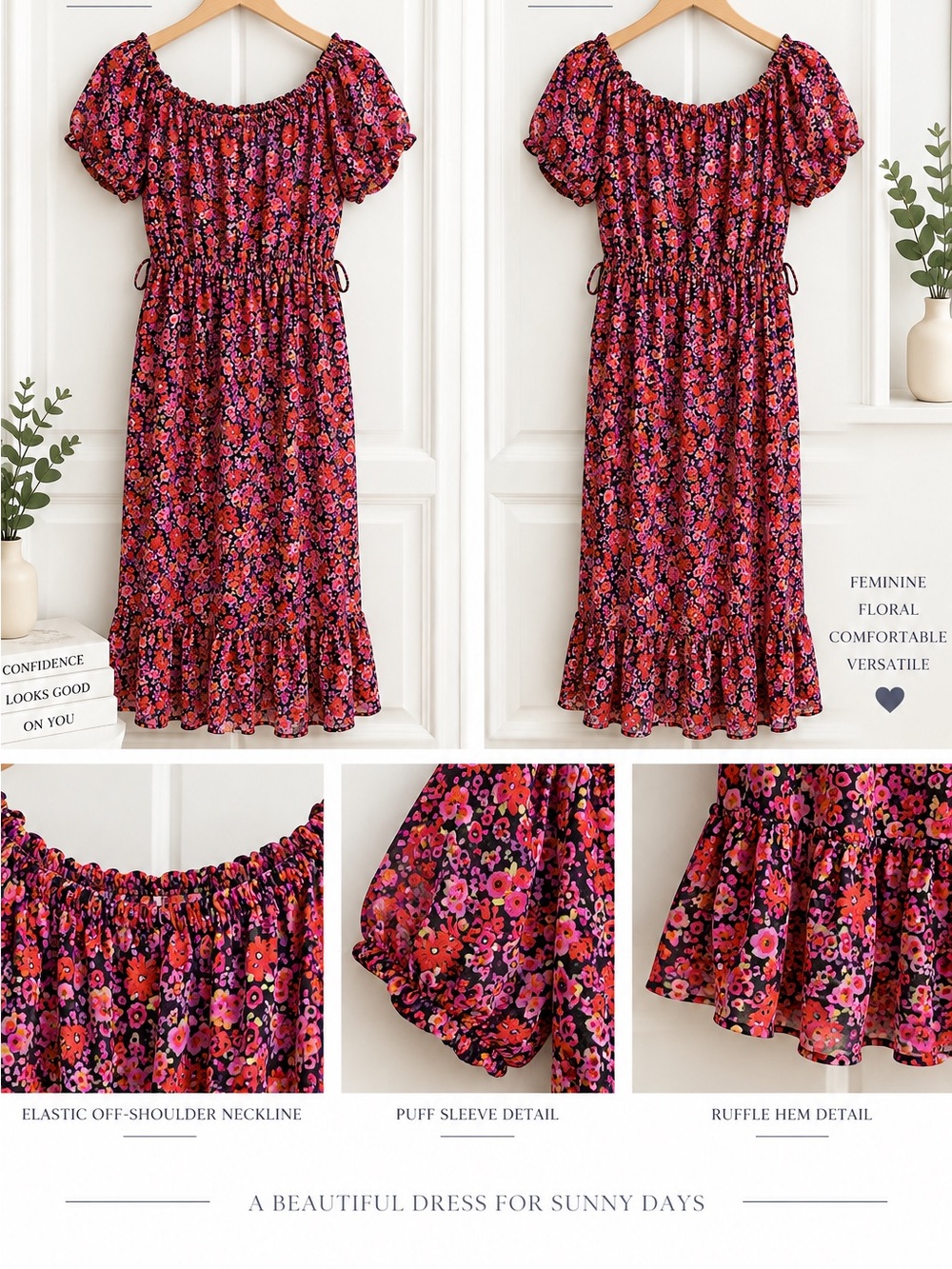 Bar III Red Pink Floral Puff-Sleeve Midi Dress